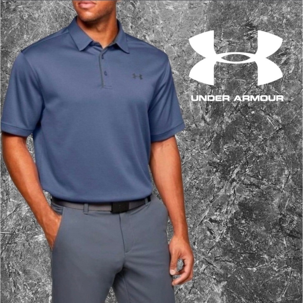 UA Tech Golf Performance Polo Shirt Mens HeatGear Loose Fit Hushed Blue S